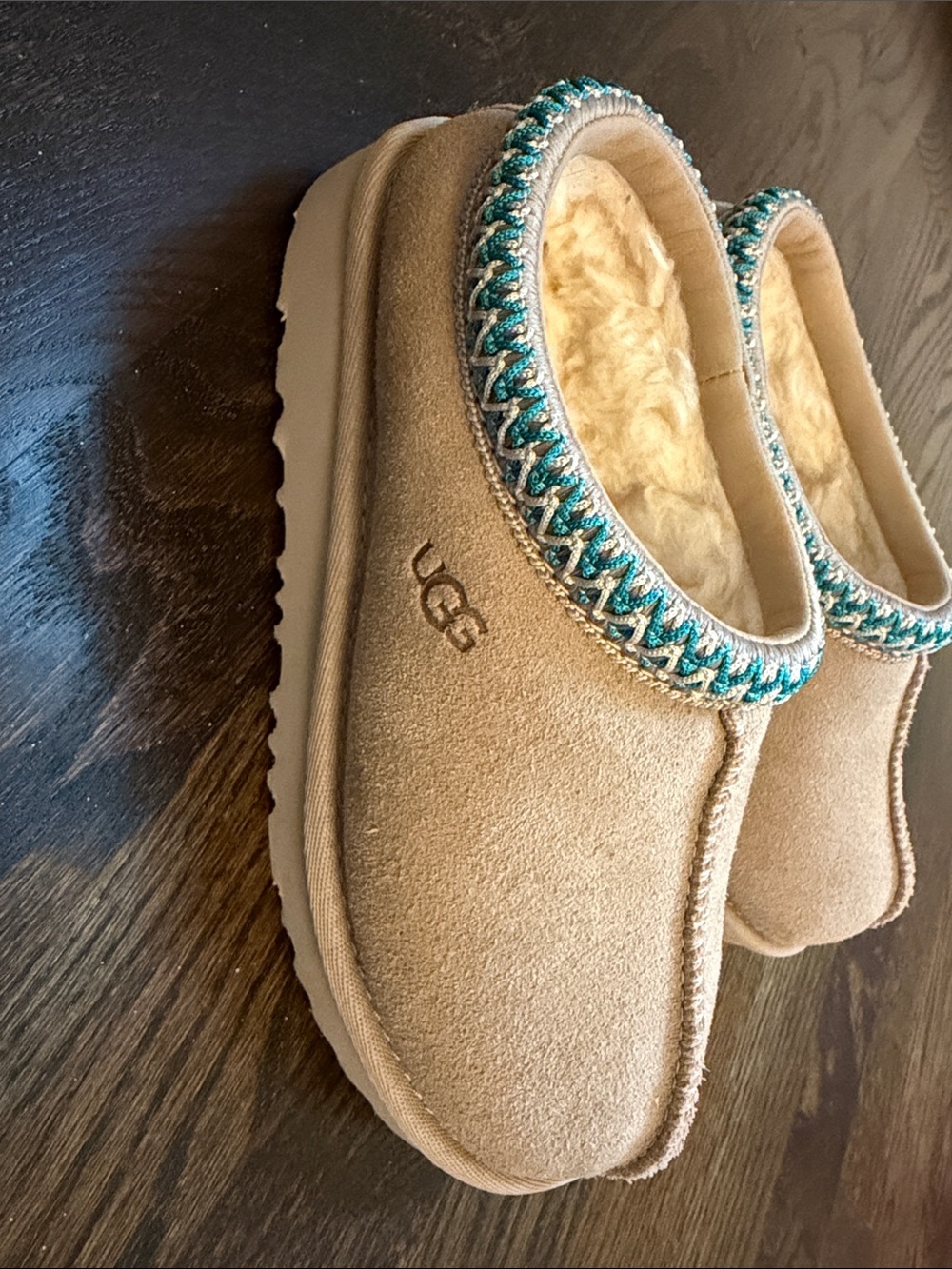 UGG Chestnut Suede Slip-On Slippers with Teal Trim